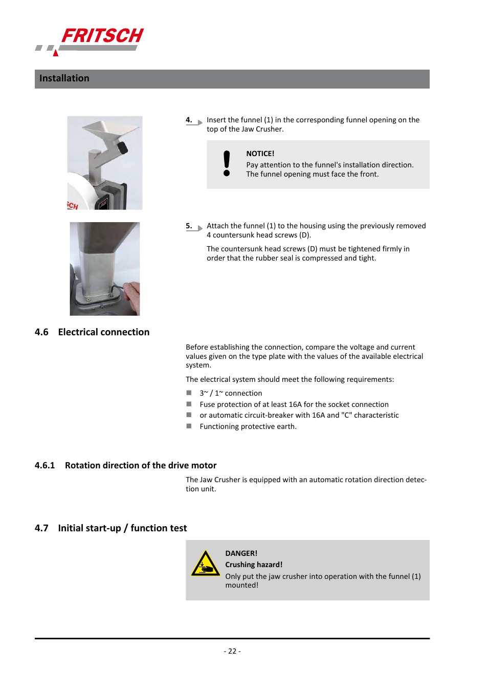 6 electrical connection, 1 rotation direction of the drive motor, 7 initial start-up / function test | Installation | FRITSCH PULVERISETTE 1, Model I premium line User Manual | Page 22 / 56