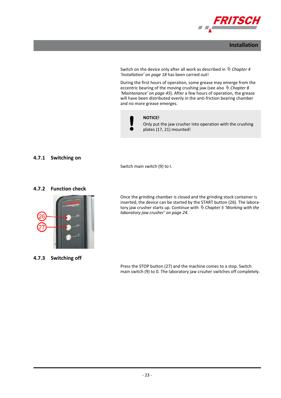 1 switching on, 2 function check, 3 switching off | Installation | FRITSCH PULVERISETTE 1, Model I premium line User Manual | Page 23 / 56