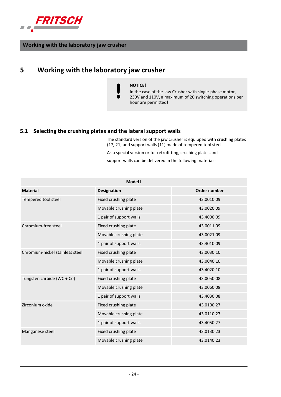 5 working with the laboratory jaw crusher, Ä chapter 5 ‘working with the, 5working with the laboratory jaw crusher | Working with the laboratory jaw crusher | FRITSCH PULVERISETTE 1, Model I premium line User Manual | Page 24 / 56