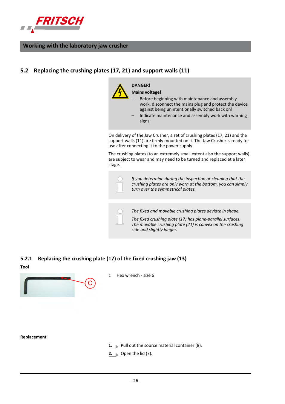 Jaw (13), Working with the laboratory jaw crusher | FRITSCH PULVERISETTE 1, Model I premium line User Manual | Page 26 / 56