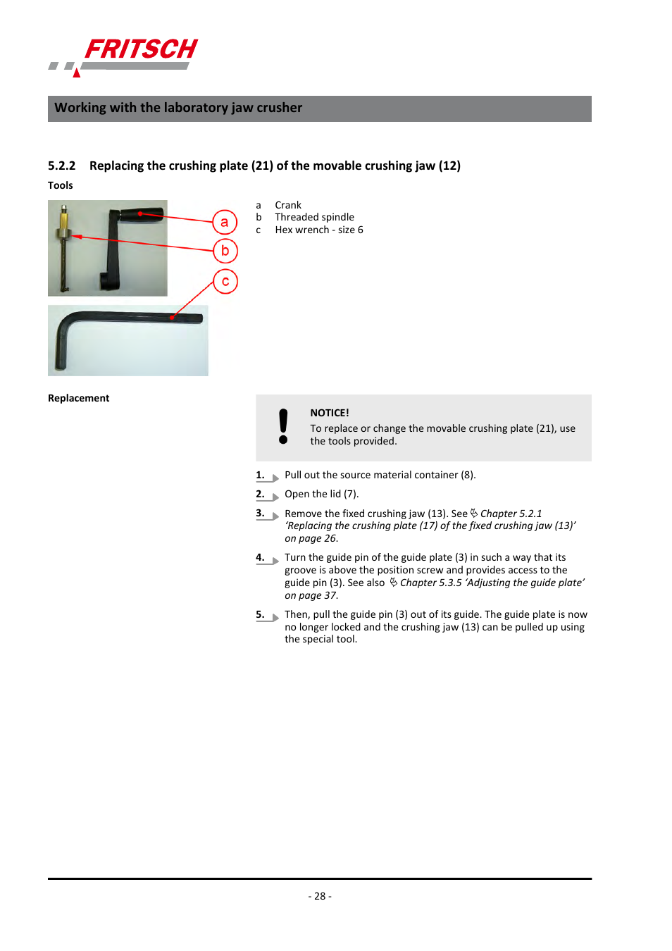 2 replacing the crushing plate (21) of the movable, Crushing jaw (12), Working with the laboratory jaw crusher | FRITSCH PULVERISETTE 1, Model I premium line User Manual | Page 28 / 56