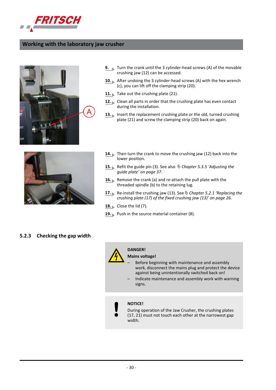 3 checking the gap width, Working with the laboratory jaw crusher | FRITSCH PULVERISETTE 1, Model I premium line User Manual | Page 30 / 56