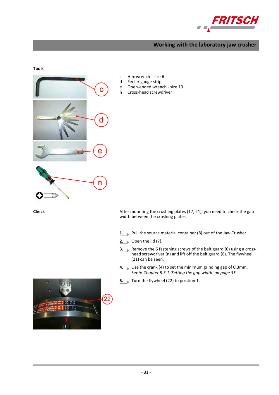 Working with the laboratory jaw crusher | FRITSCH PULVERISETTE 1, Model I premium line User Manual | Page 31 / 56