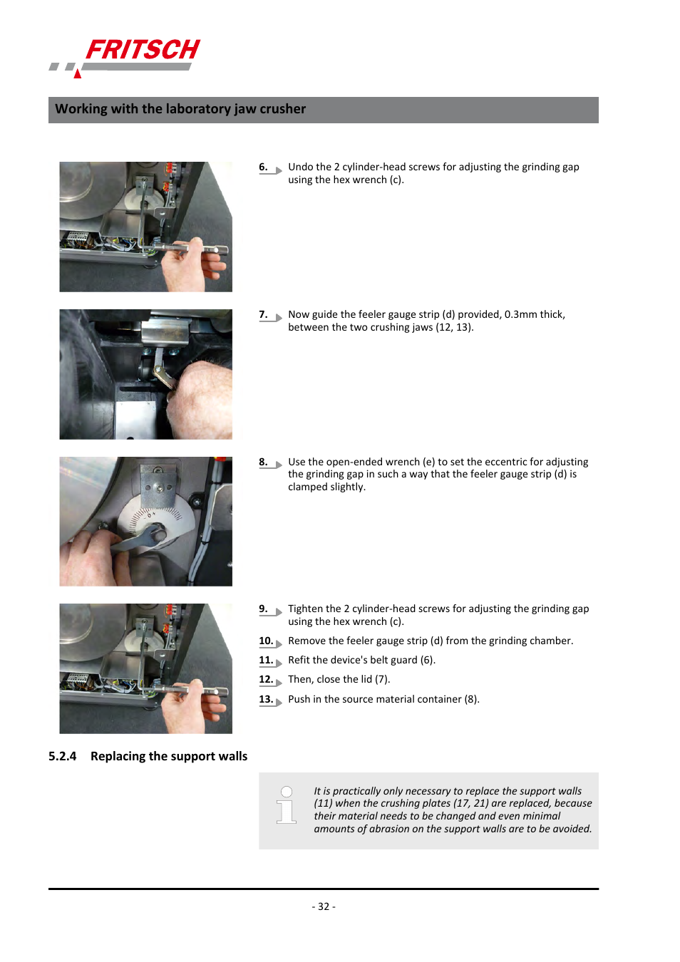 4 replacing the support walls, Working with the laboratory jaw crusher | FRITSCH PULVERISETTE 1, Model I premium line User Manual | Page 32 / 56