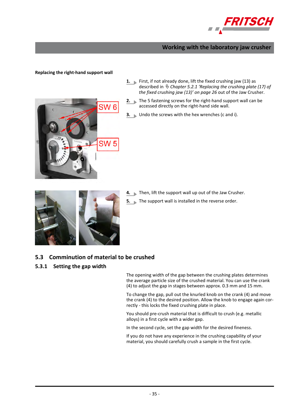 3 comminution of material to be crushed, 1 setting the gap width, Working with the laboratory jaw crusher | FRITSCH PULVERISETTE 1, Model I premium line User Manual | Page 35 / 56