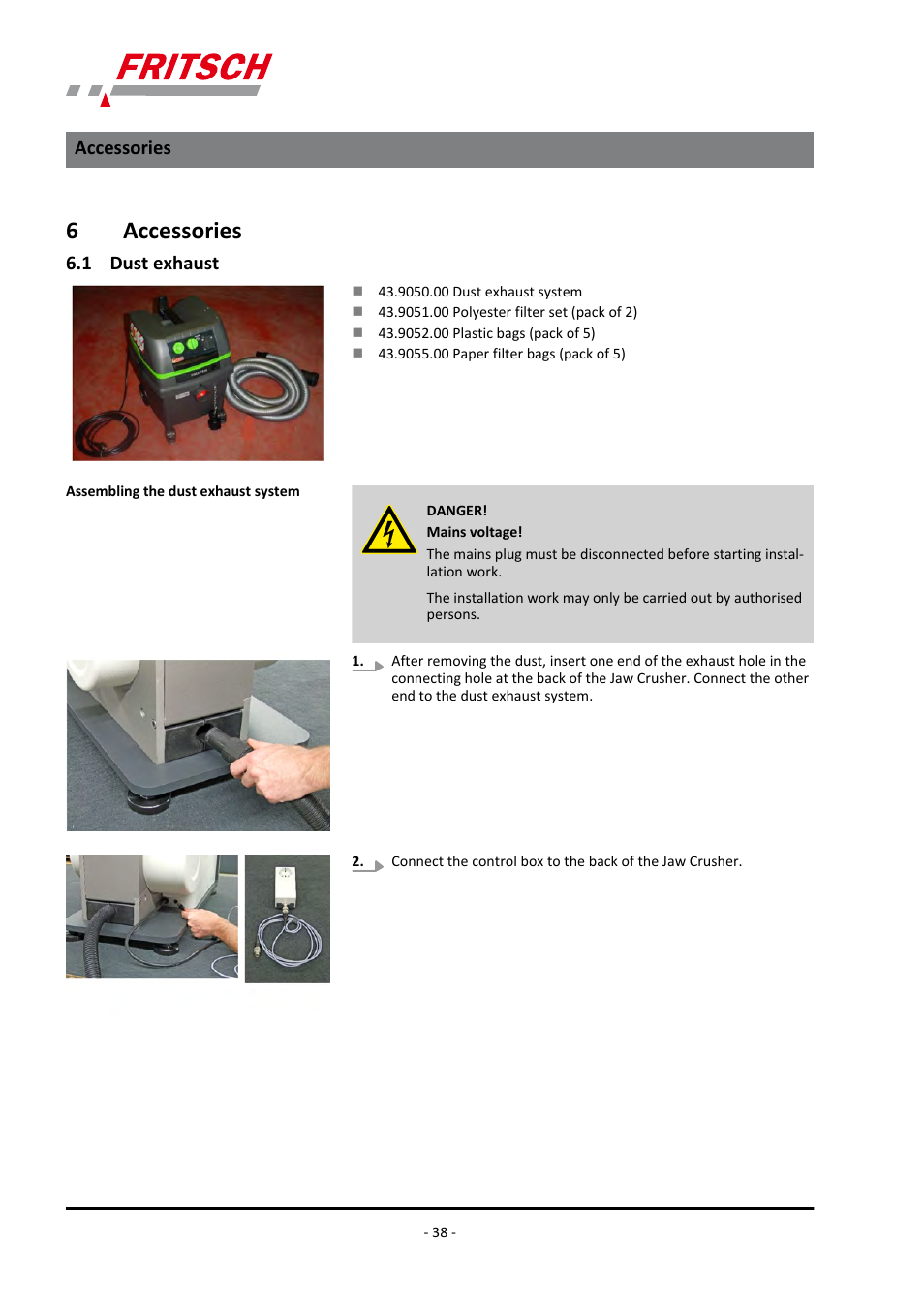 6 accessories, 1 dust exhaust, Accessories 6.1 dust exhaust | 6accessories | FRITSCH PULVERISETTE 1, Model I premium line User Manual | Page 38 / 56