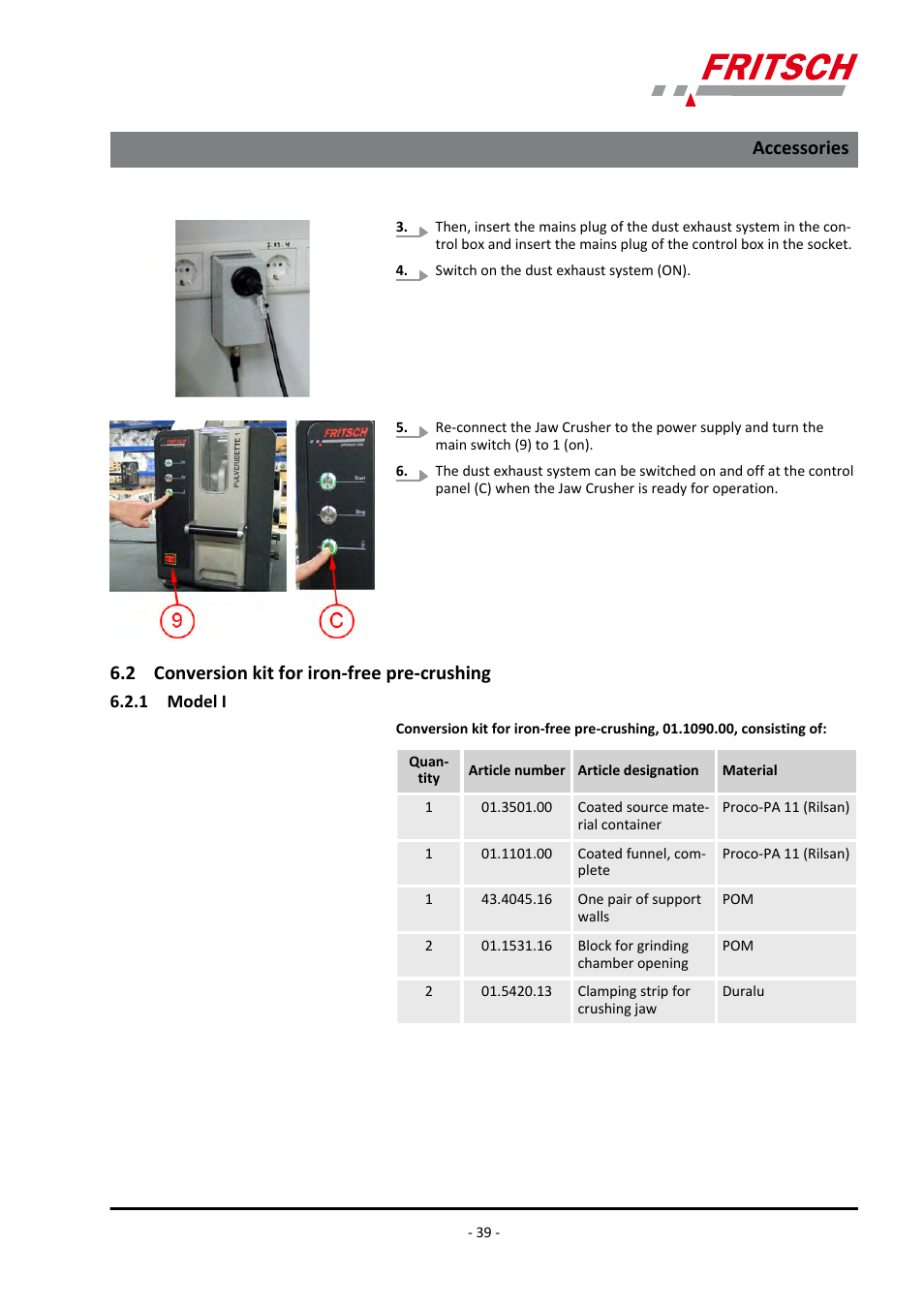 2 conversion kit for iron-free pre-crushing, 1 model i, Accessories | FRITSCH PULVERISETTE 1, Model I premium line User Manual | Page 39 / 56