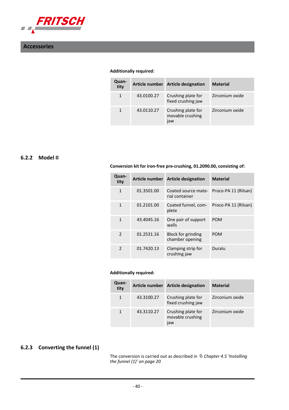 2 model ii, 3 converting the funnel (1), 2 model ii 6.2.3 converting the funnel (1) | Accessories | FRITSCH PULVERISETTE 1, Model I premium line User Manual | Page 40 / 56