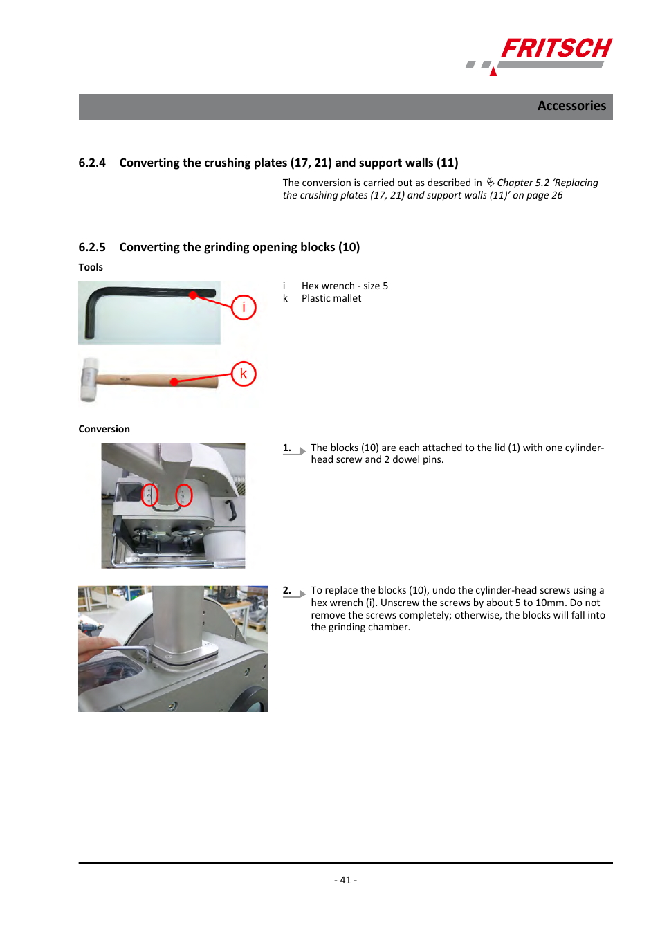 5 converting the grinding opening blocks (10), Walls (11), Accessories | FRITSCH PULVERISETTE 1, Model I premium line User Manual | Page 41 / 56