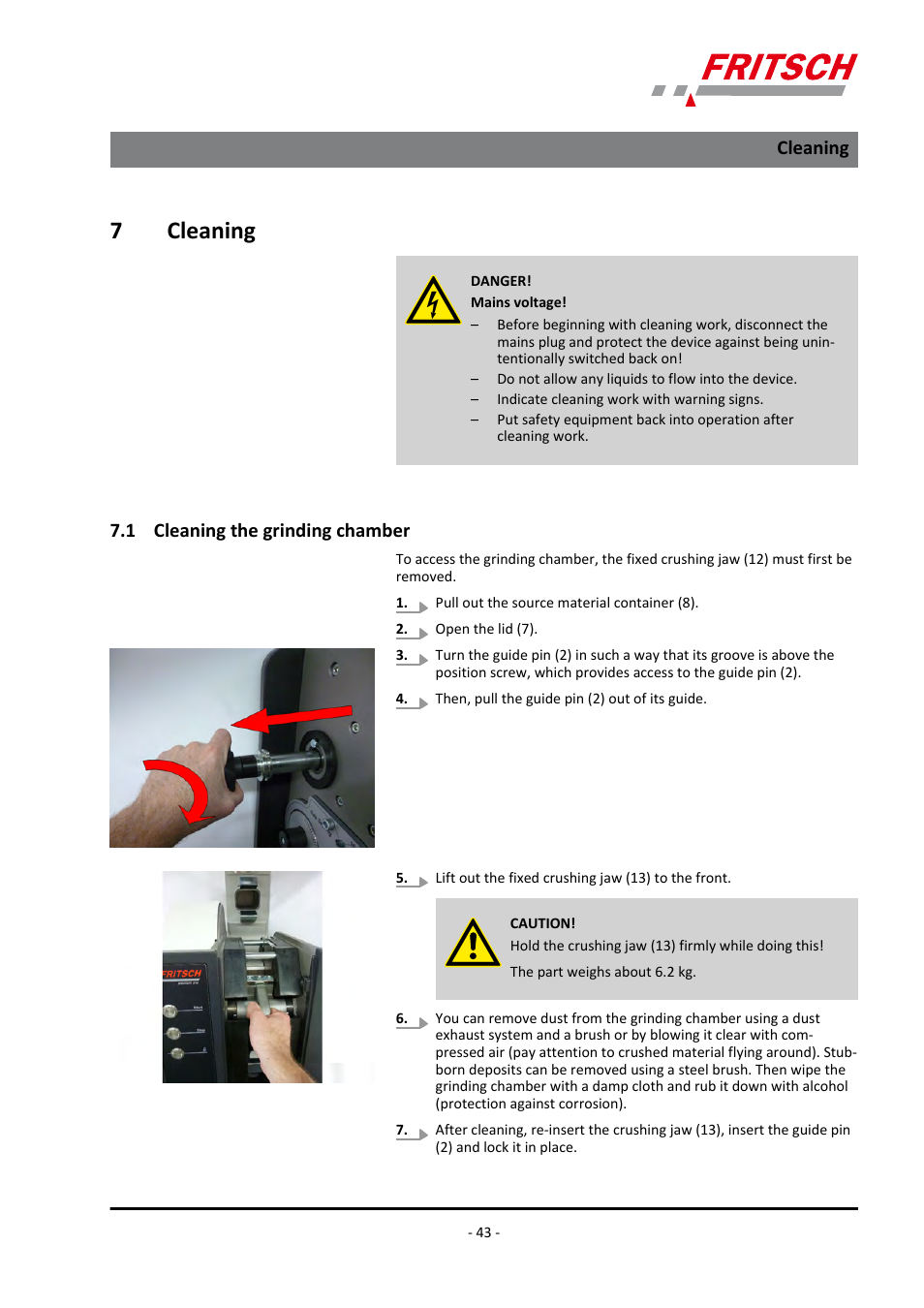 7 cleaning, 1 cleaning the grinding chamber, Cleaning 7.1 cleaning the grinding chamber | 7cleaning | FRITSCH PULVERISETTE 1, Model I premium line User Manual | Page 43 / 56