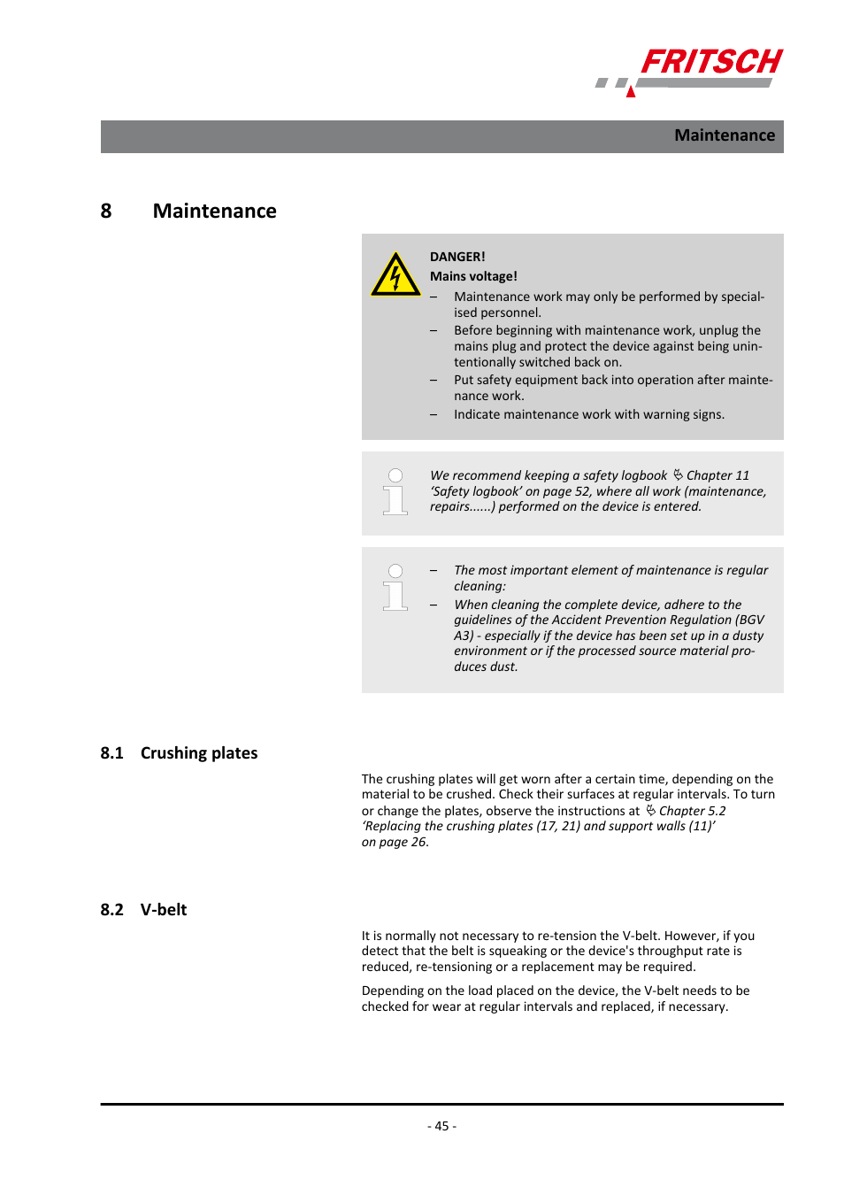 8 maintenance, 1 crushing plates, 2 v-belt | Maintenance 8.1 crushing plates 8.2 v-belt, Ä chapter 8, 8maintenance | FRITSCH PULVERISETTE 1, Model I premium line User Manual | Page 45 / 56