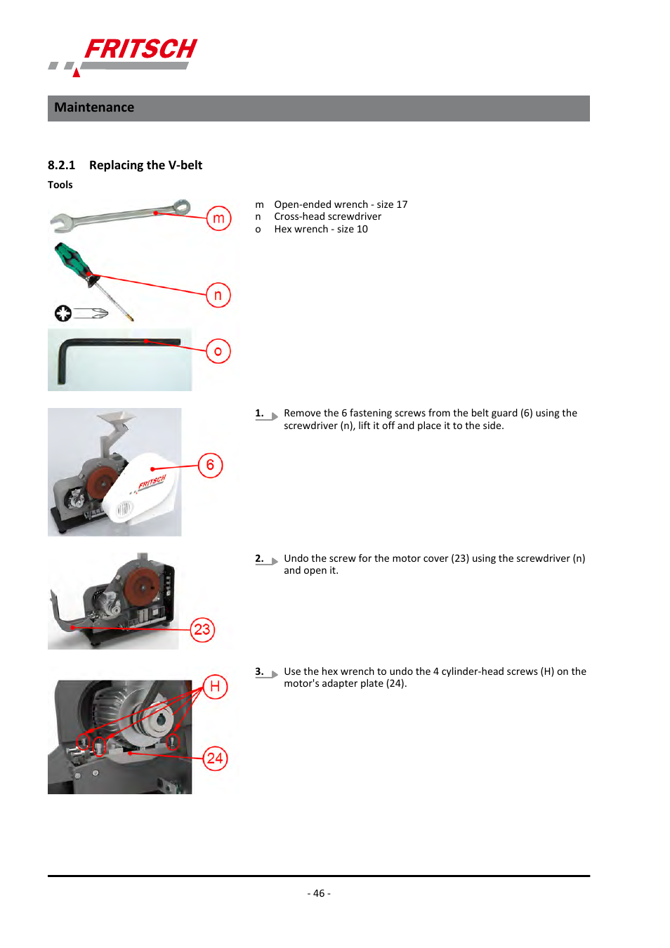 1 replacing the v-belt, Maintenance | FRITSCH PULVERISETTE 1, Model I premium line User Manual | Page 46 / 56