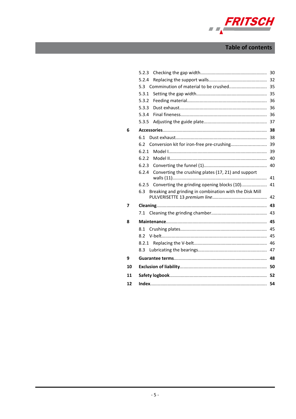 FRITSCH PULVERISETTE 1, Model I premium line User Manual | Page 5 / 56