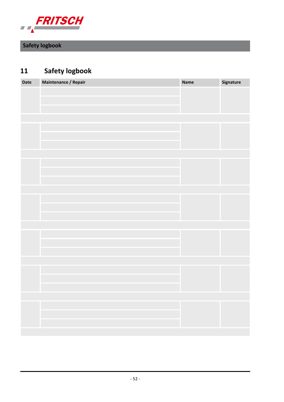 11 safety logbook, Safety logbook, Ä chapter 11 | FRITSCH PULVERISETTE 1, Model I premium line User Manual | Page 52 / 56