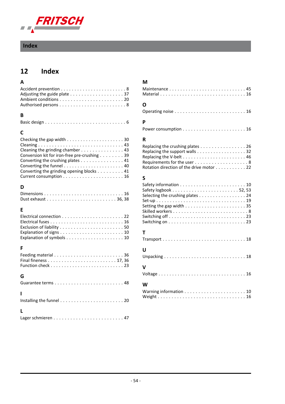 12 index, Index | FRITSCH PULVERISETTE 1, Model I premium line User Manual | Page 54 / 56