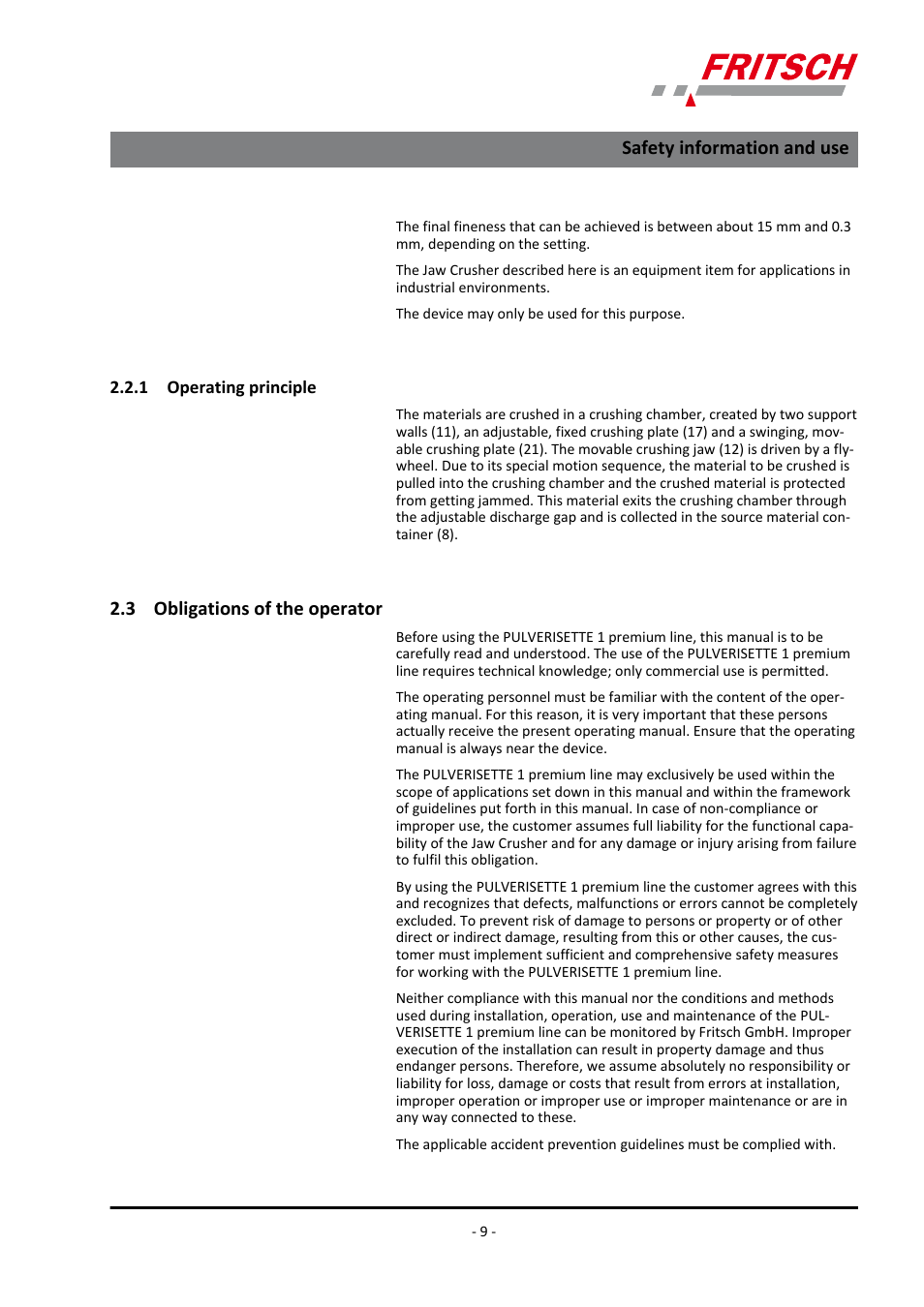 1 operating principle, 3 obligations of the operator, Safety information and use | FRITSCH PULVERISETTE 1, Model I premium line User Manual | Page 9 / 56