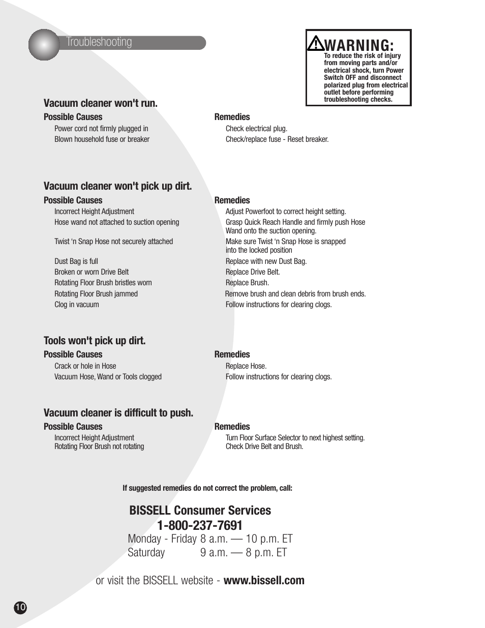 Warning, Troubleshooting, Bissell consumer services | Vacuum cleaner won't run, Vacuum cleaner won't pick up dirt, Tools won't pick up dirt, Vacuum cleaner is difficult to push | Bissell 3522 User Manual | Page 10 / 12