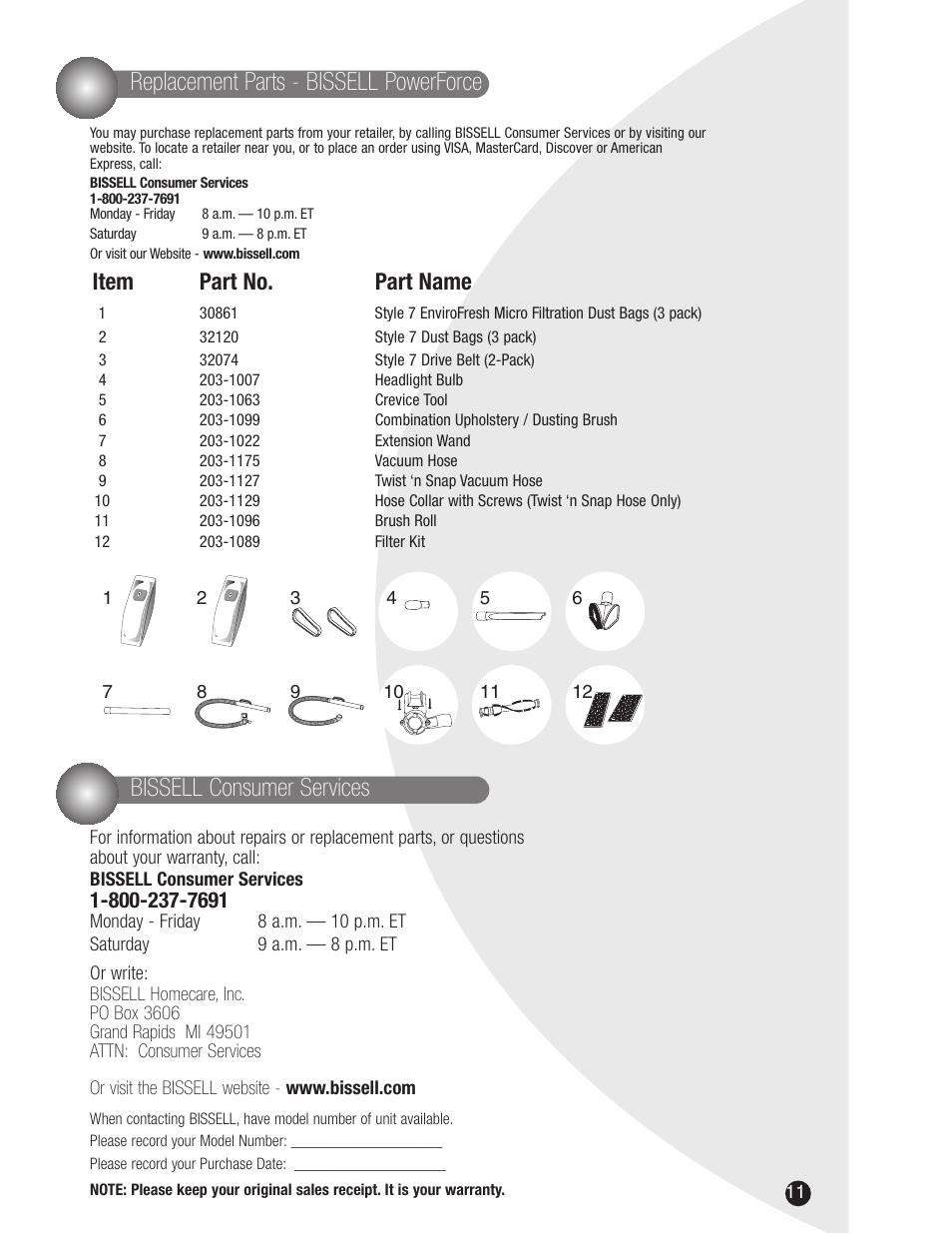 Replacement parts - bissell powerforce, Bissell consumer services, Item part no. part name | Bissell 3522 User Manual | Page 11 / 12