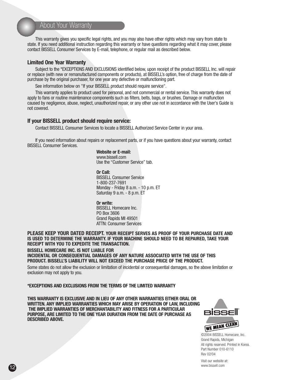 About your warranty | Bissell 3522 User Manual | Page 12 / 12