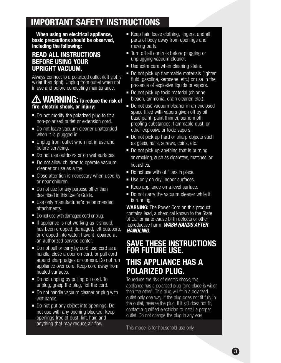 Important safety instructions, Warning, Save these instructions for future use | This appliance has a polarized plug | Bissell 3522 User Manual | Page 3 / 12