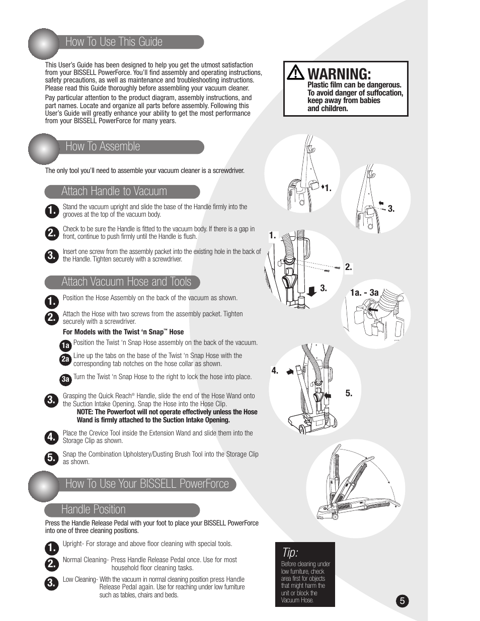 Warning, How to use this guide, Handle position how to use your bissell powerforce | Bissell 3522 User Manual | Page 5 / 12