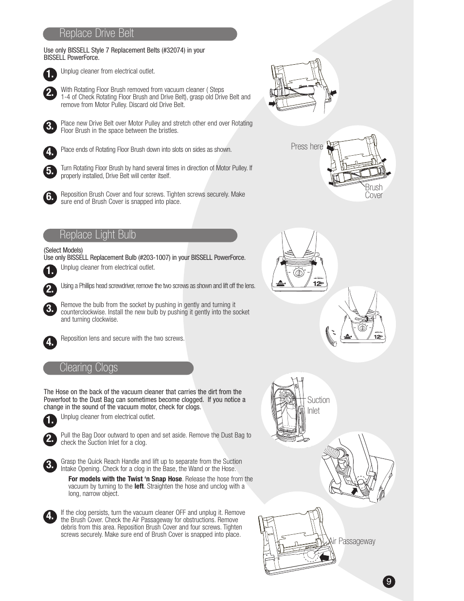 Clearing clogs, Replace drive belt replace light bulb | Bissell 3522 User Manual | Page 9 / 12