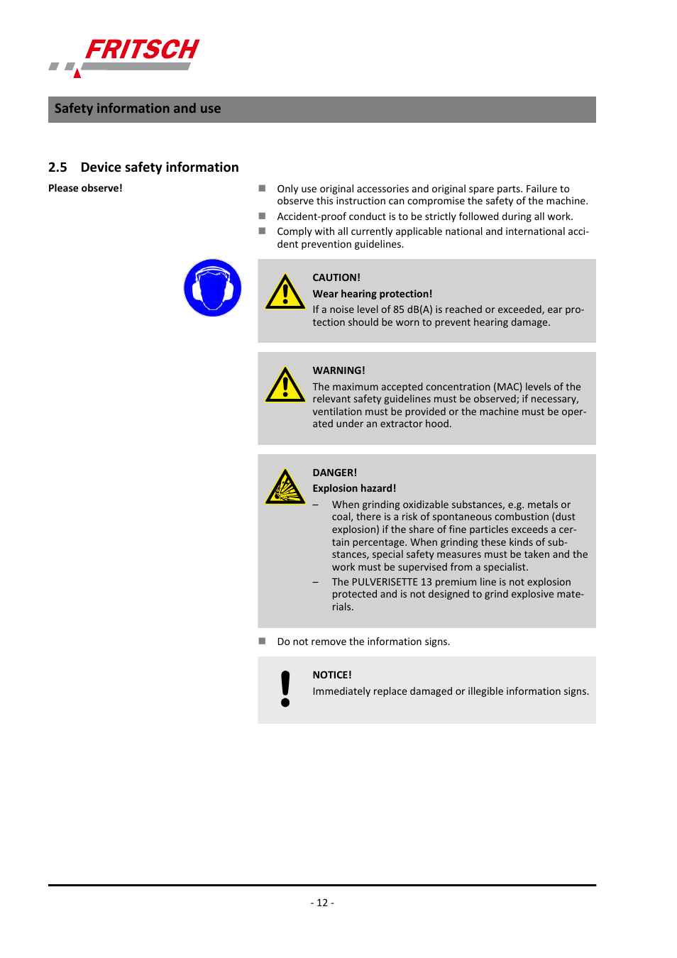 5 device safety information, Safety information and use | FRITSCH PULVERISETTE 13 premium line User Manual | Page 12 / 60