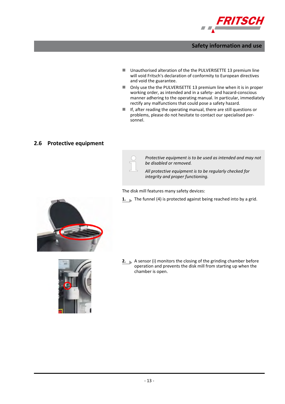 6 protective equipment, Safety information and use | FRITSCH PULVERISETTE 13 premium line User Manual | Page 13 / 60
