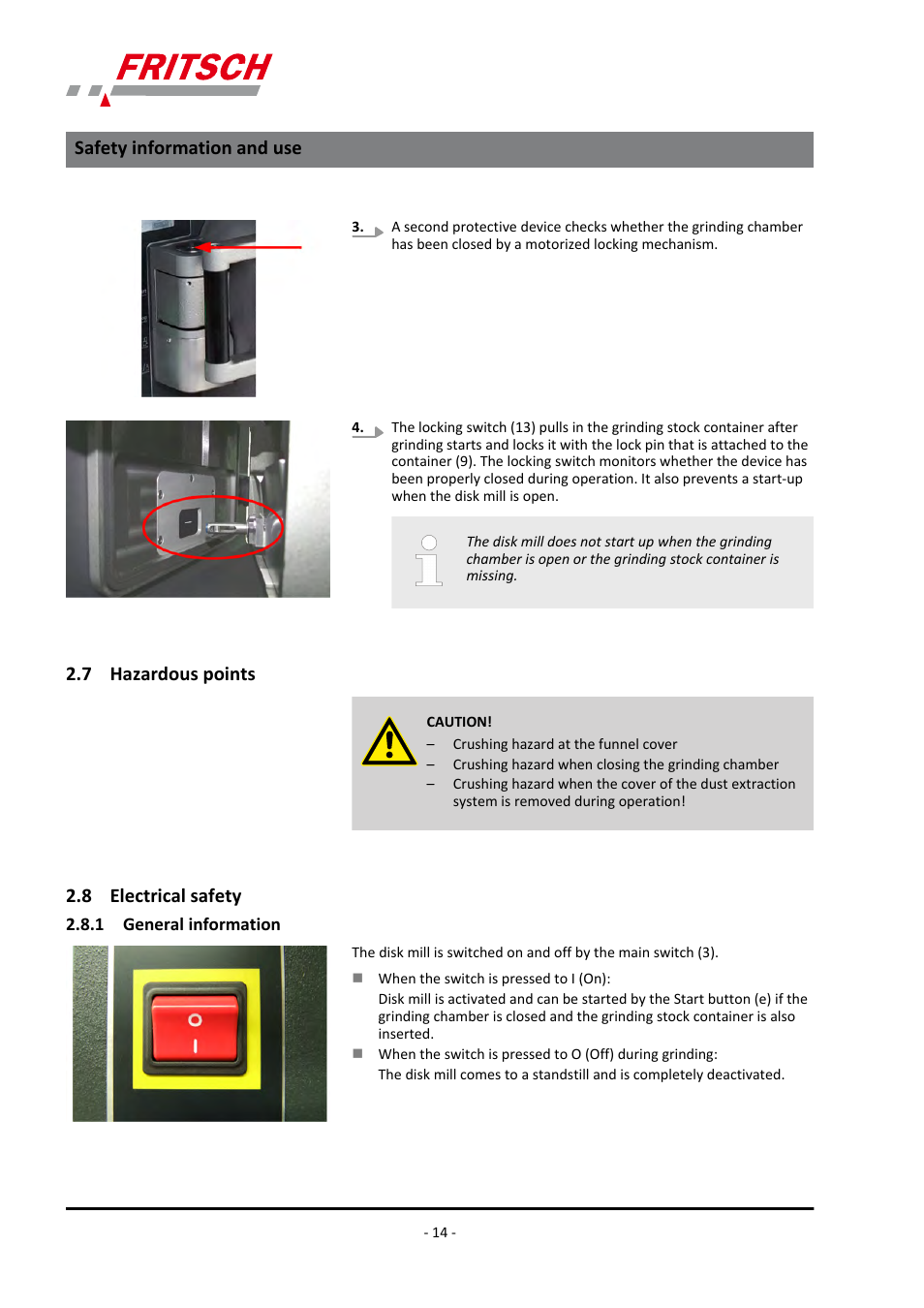 7 hazardous points, 8 electrical safety, 1 general information | Safety information and use | FRITSCH PULVERISETTE 13 premium line User Manual | Page 14 / 60