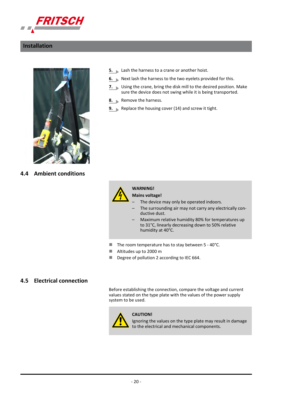 4 ambient conditions, 5 electrical connection, 4 ambient conditions 4.5 electrical connection | Installation | FRITSCH PULVERISETTE 13 premium line User Manual | Page 20 / 60