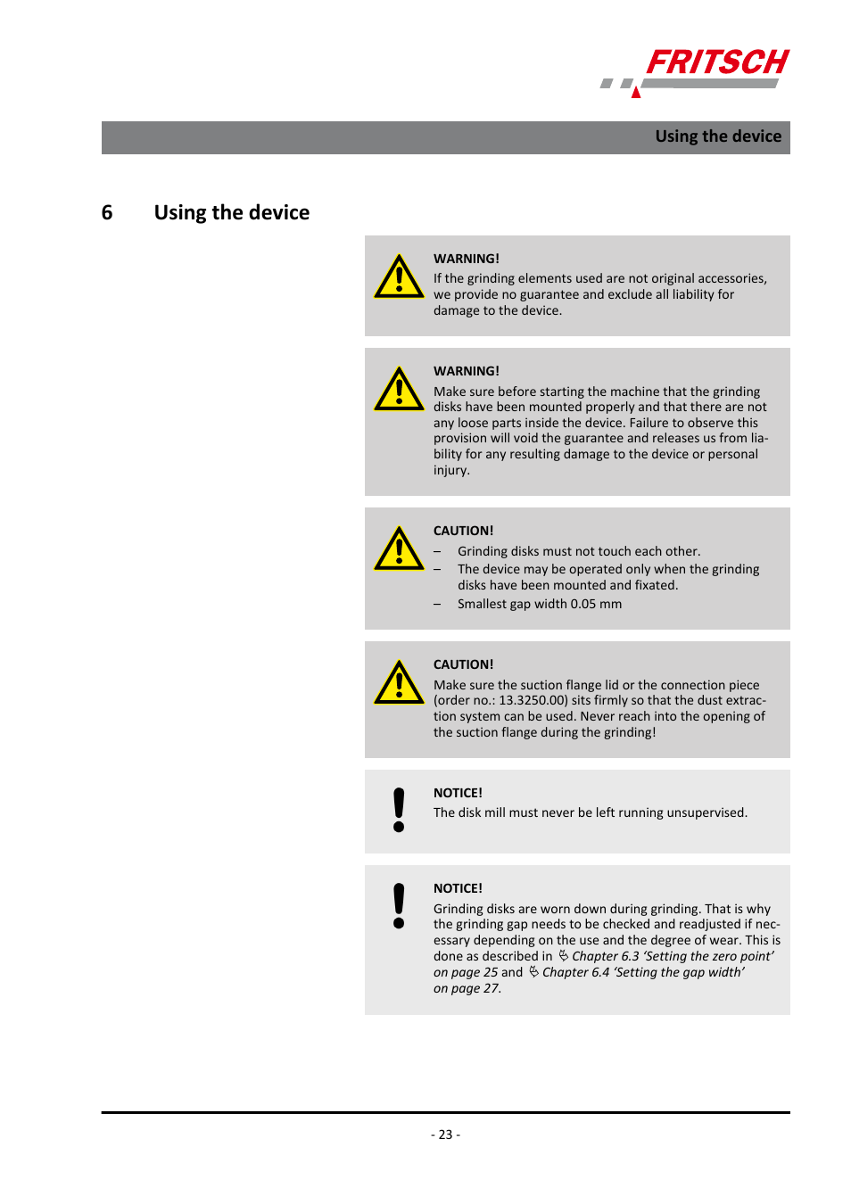 6 using the device, Using the device, 6using the device | FRITSCH PULVERISETTE 13 premium line User Manual | Page 23 / 60