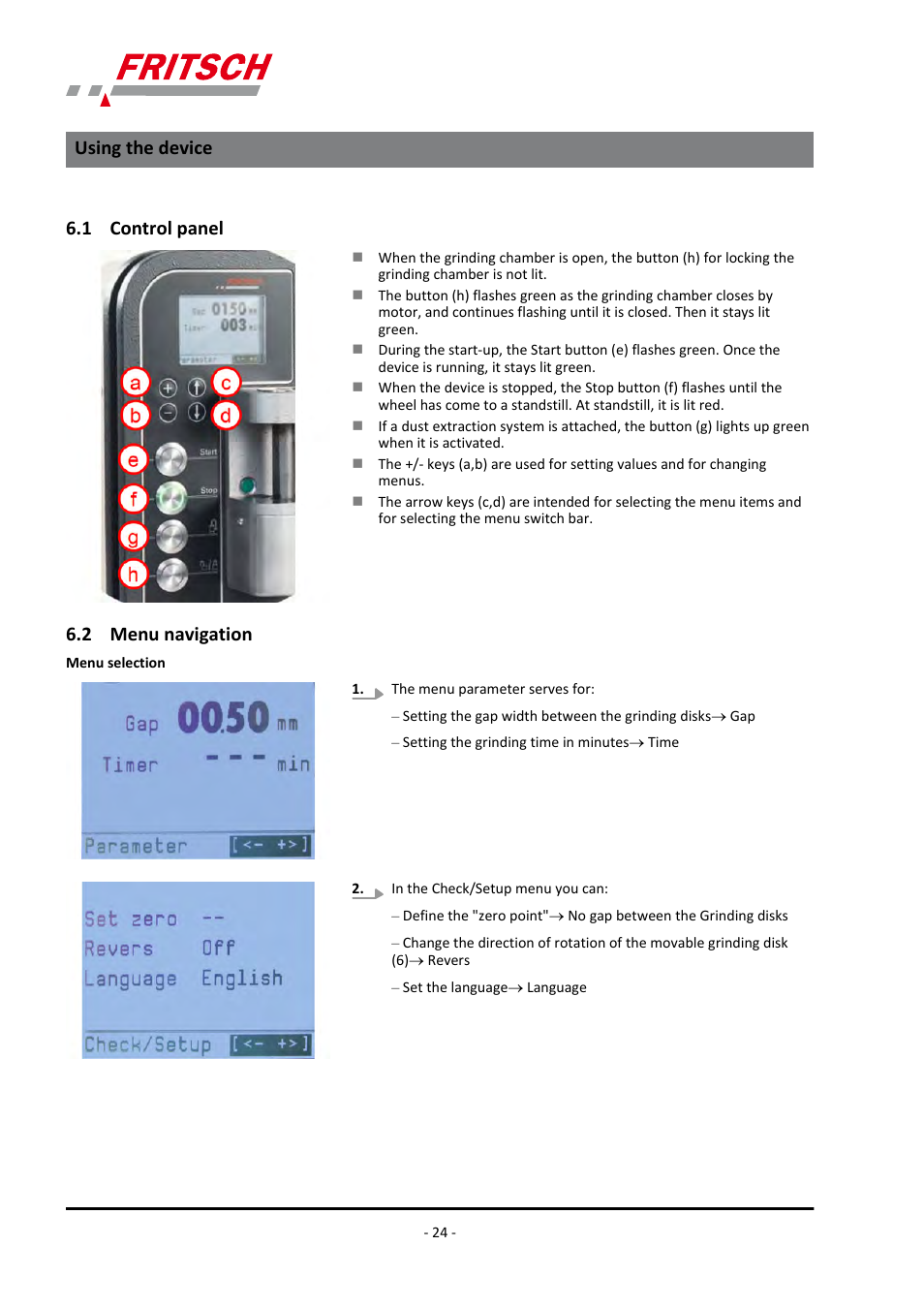 1 control panel, 2 menu navigation, 1 control panel 6.2 menu navigation | Using the device | FRITSCH PULVERISETTE 13 premium line User Manual | Page 24 / 60