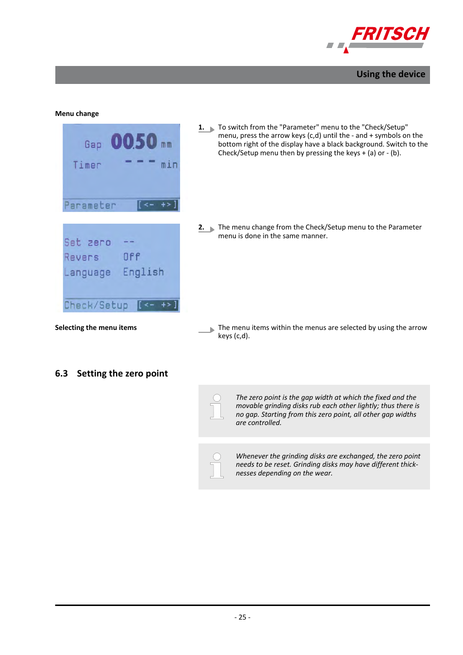 3 setting the zero point, Ä chapter 6.3 ‘setting the zero point, Using the device | FRITSCH PULVERISETTE 13 premium line User Manual | Page 25 / 60