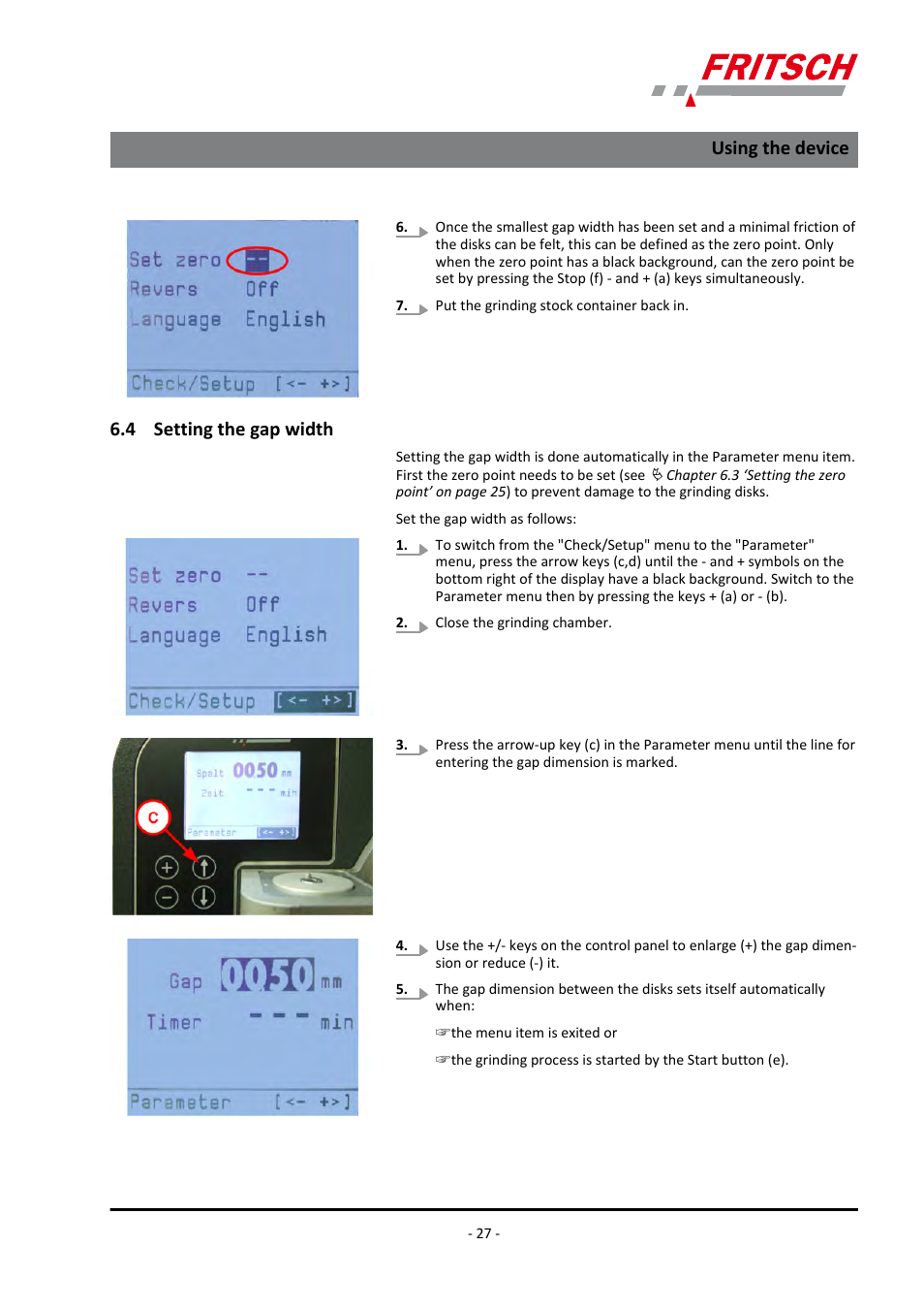 4 setting the gap width, Ä chapter 6.4 ‘setting the gap width, Using the device | FRITSCH PULVERISETTE 13 premium line User Manual | Page 27 / 60