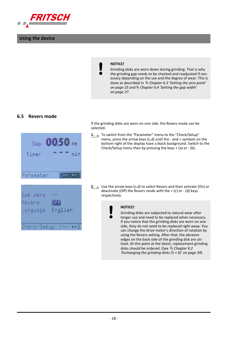 5 revers mode, Using the device | FRITSCH PULVERISETTE 13 premium line User Manual | Page 28 / 60