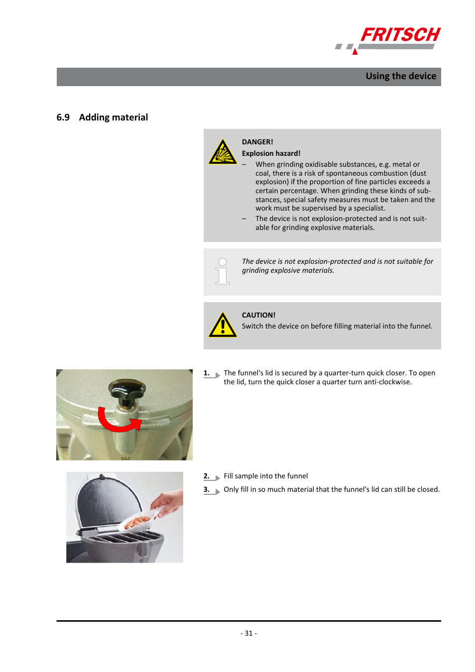 9 adding material, Using the device | FRITSCH PULVERISETTE 13 premium line User Manual | Page 31 / 60