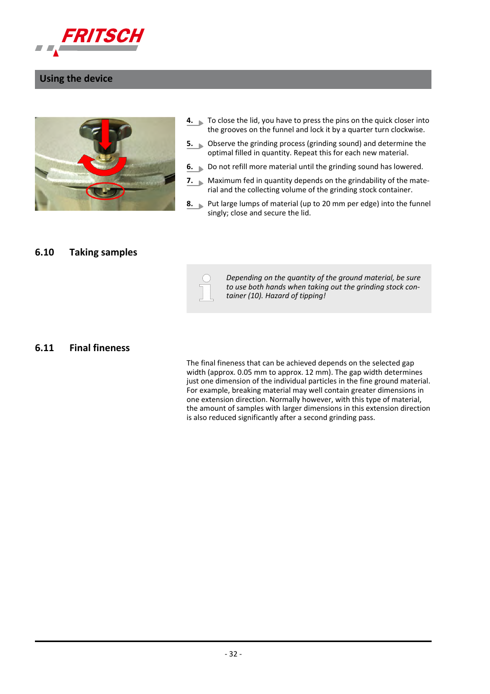 10 taking samples, 11 final fineness, 10 taking samples 6.11 final fineness | Using the device | FRITSCH PULVERISETTE 13 premium line User Manual | Page 32 / 60