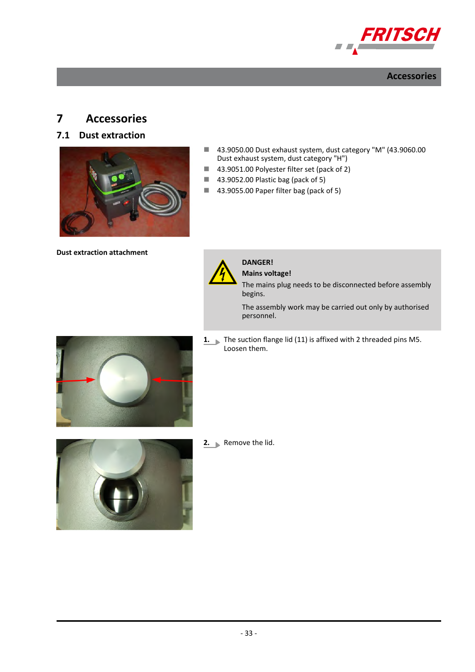 7 accessories, 1 dust extraction, Accessories 7.1 dust extraction | 7accessories | FRITSCH PULVERISETTE 13 premium line User Manual | Page 33 / 60