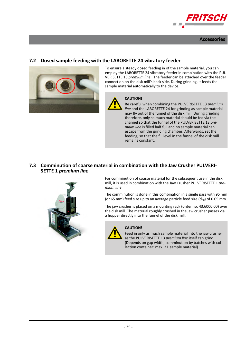 Feeder, Jaw crusher pulverisette 1 premium line, Accessories | FRITSCH PULVERISETTE 13 premium line User Manual | Page 35 / 60