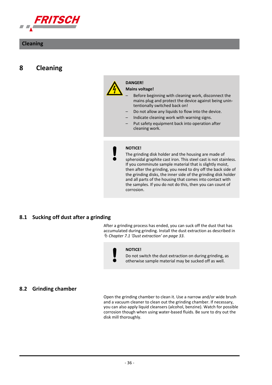 8 cleaning, 1 sucking off dust after a grinding, 2 grinding chamber | 8cleaning | FRITSCH PULVERISETTE 13 premium line User Manual | Page 36 / 60