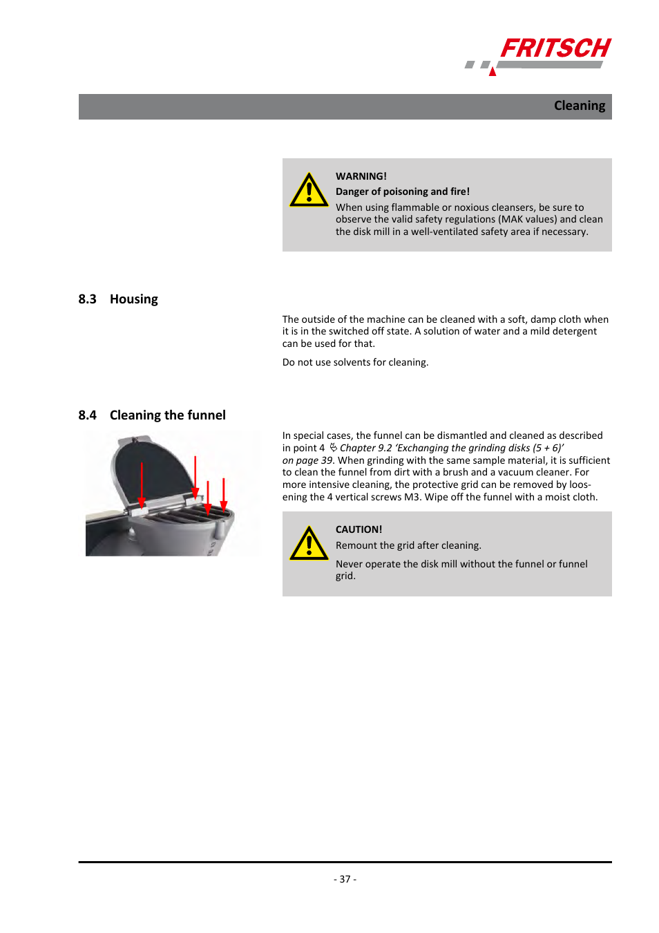 3 housing, 4 cleaning the funnel, 3 housing 8.4 cleaning the funnel | Cleaning | FRITSCH PULVERISETTE 13 premium line User Manual | Page 37 / 60