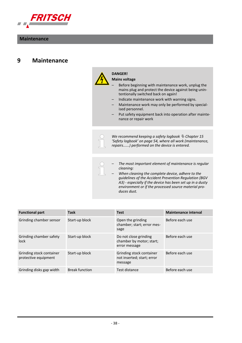 9 maintenance, Maintenance, 9maintenance | FRITSCH PULVERISETTE 13 premium line User Manual | Page 38 / 60