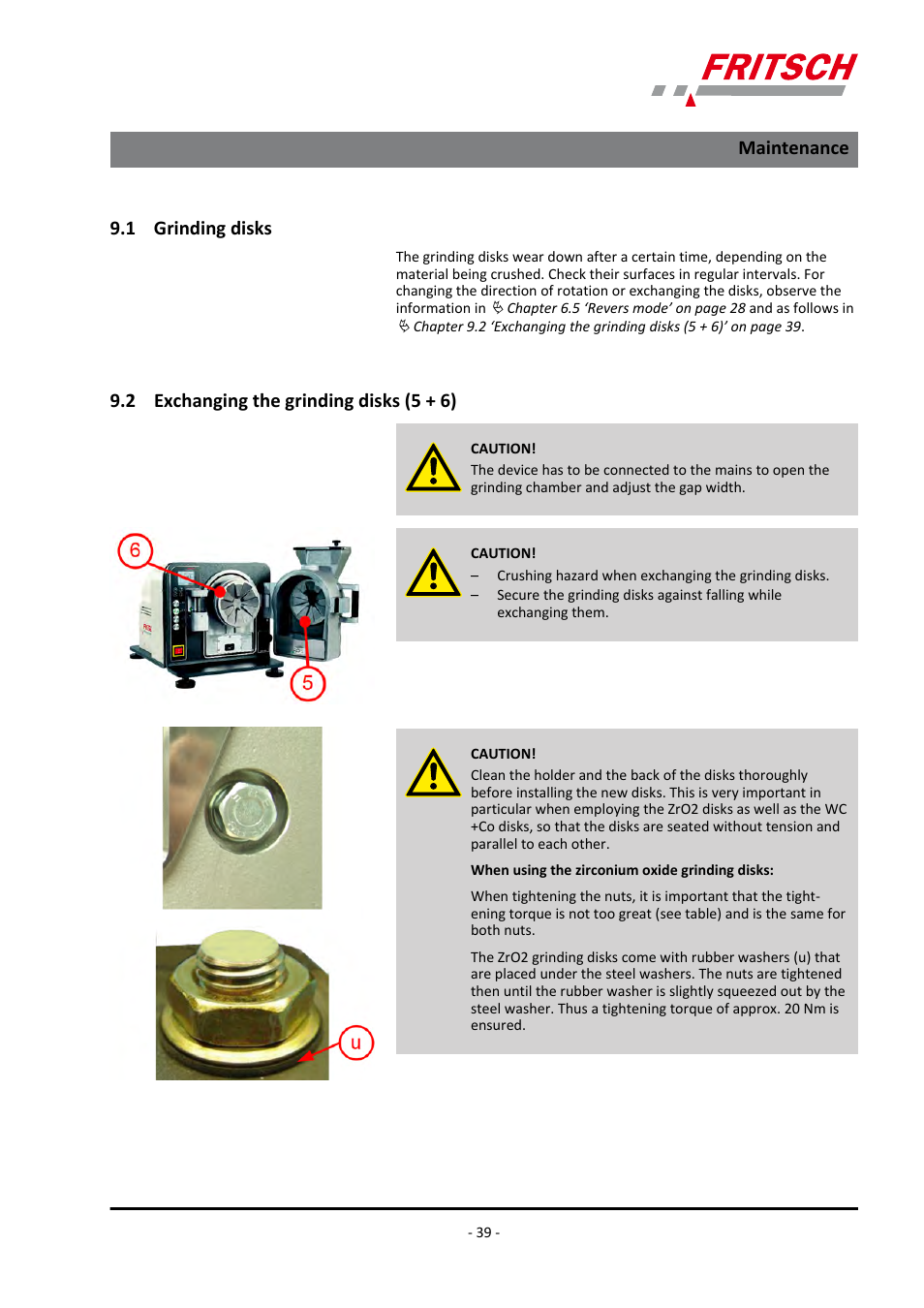 1 grinding disks, 2 exchanging the grinding disks (5 + 6), Ä chapter 9.2 | Maintenance | FRITSCH PULVERISETTE 13 premium line User Manual | Page 39 / 60