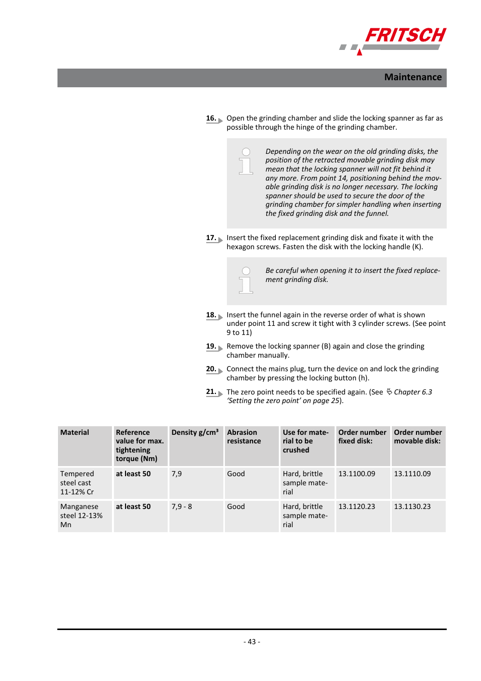 Maintenance | FRITSCH PULVERISETTE 13 premium line User Manual | Page 43 / 60