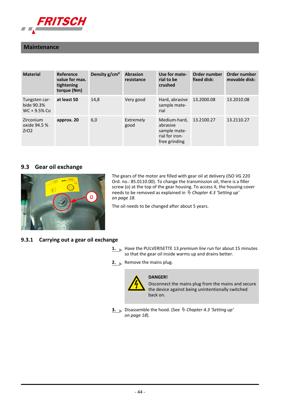 3 gear oil exchange, 1 carrying out a gear oil exchange, Maintenance | FRITSCH PULVERISETTE 13 premium line User Manual | Page 44 / 60