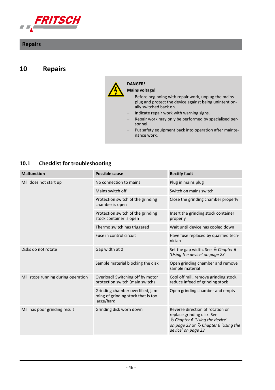 10 repairs, 1 checklist for troubleshooting, Repairs 10.1 checklist for troubleshooting | Repairs | FRITSCH PULVERISETTE 13 premium line User Manual | Page 46 / 60