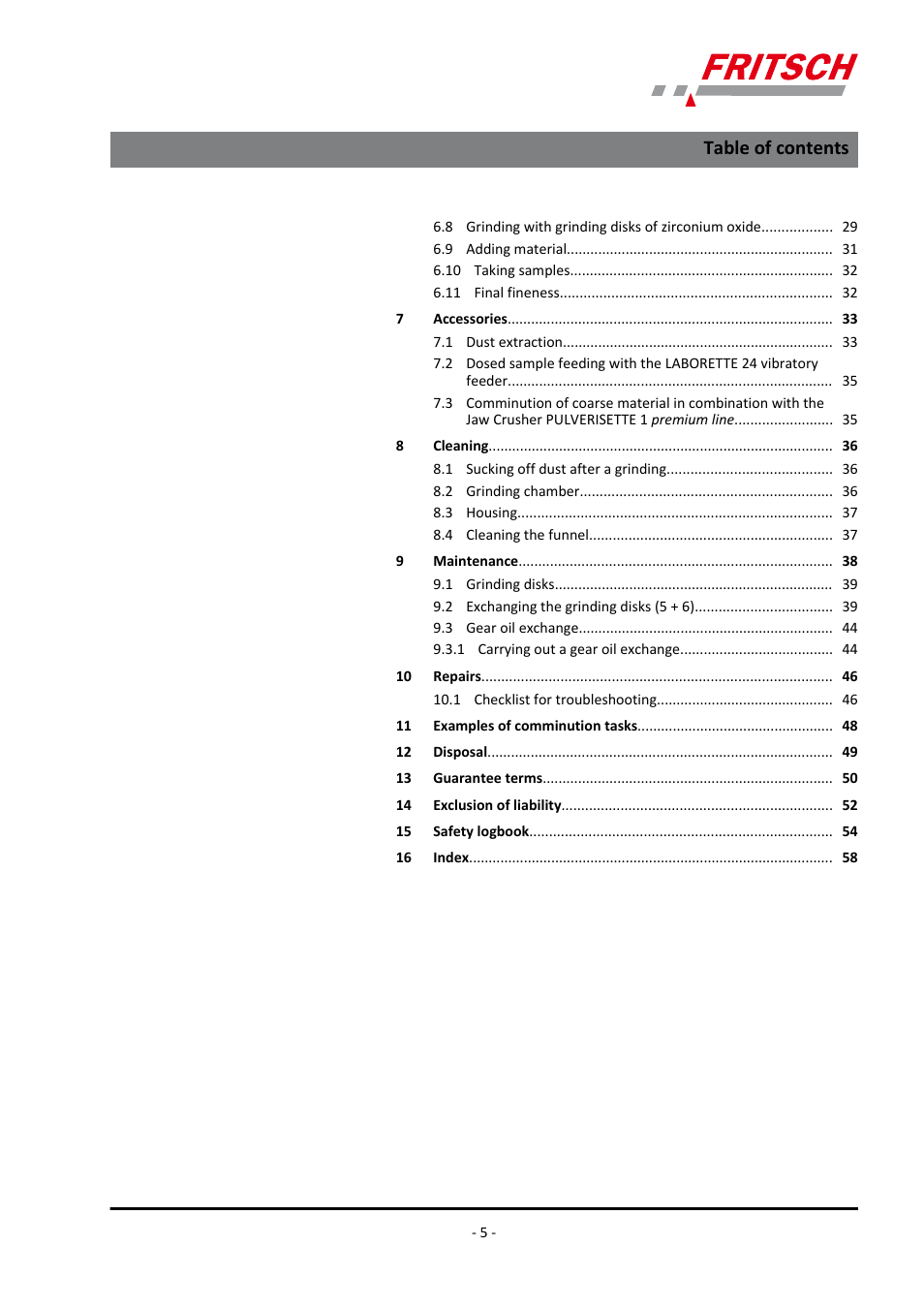 FRITSCH PULVERISETTE 13 premium line User Manual | Page 5 / 60