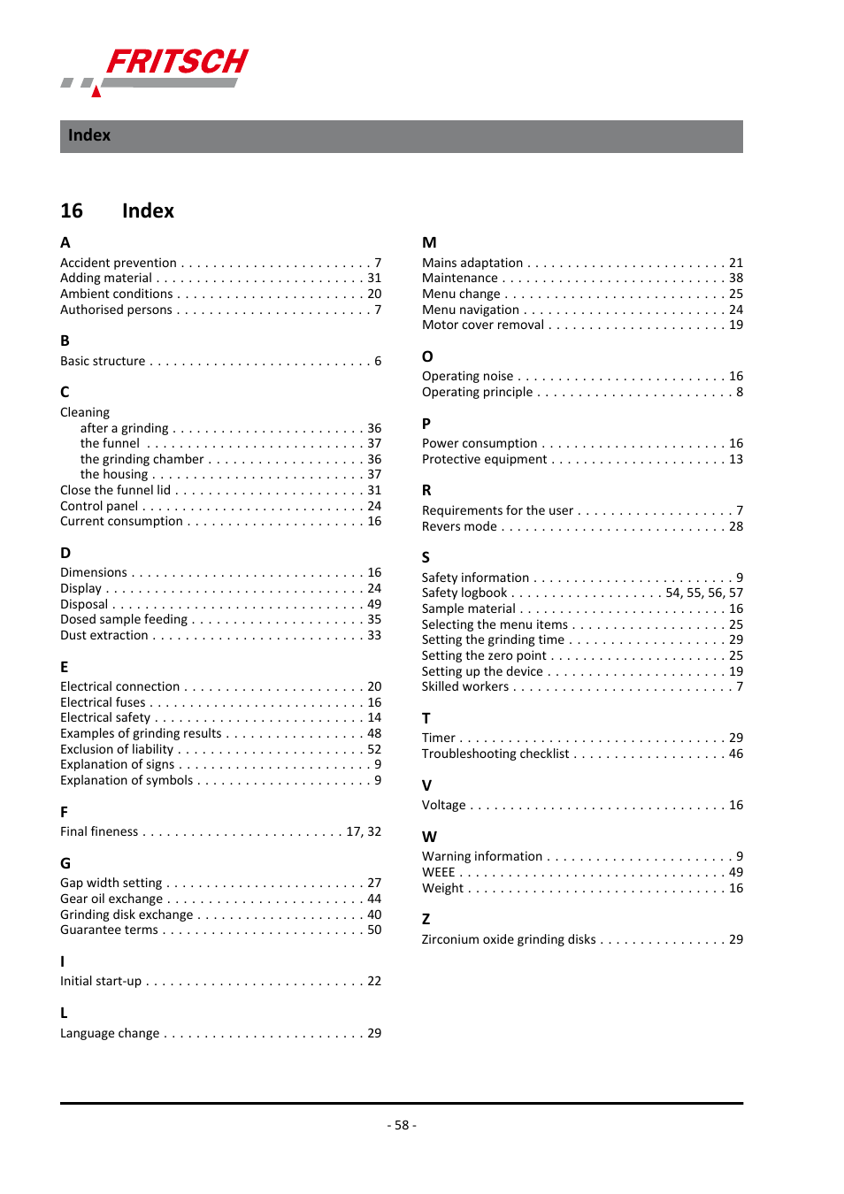 16 index, Index | FRITSCH PULVERISETTE 13 premium line User Manual | Page 58 / 60