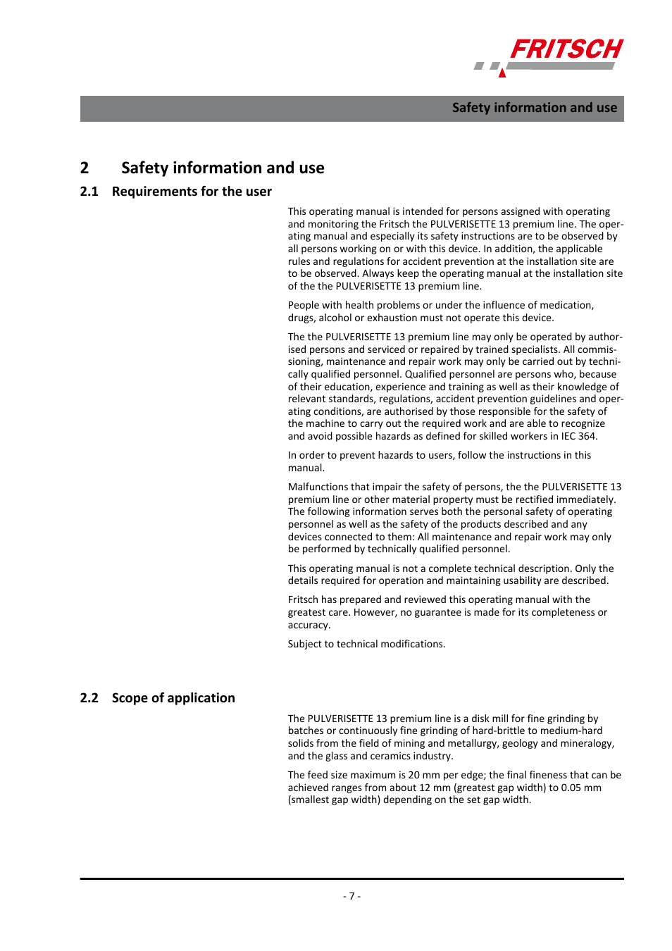 2 safety information and use, 1 requirements for the user, 2 scope of application | 2safety information and use | FRITSCH PULVERISETTE 13 premium line User Manual | Page 7 / 60