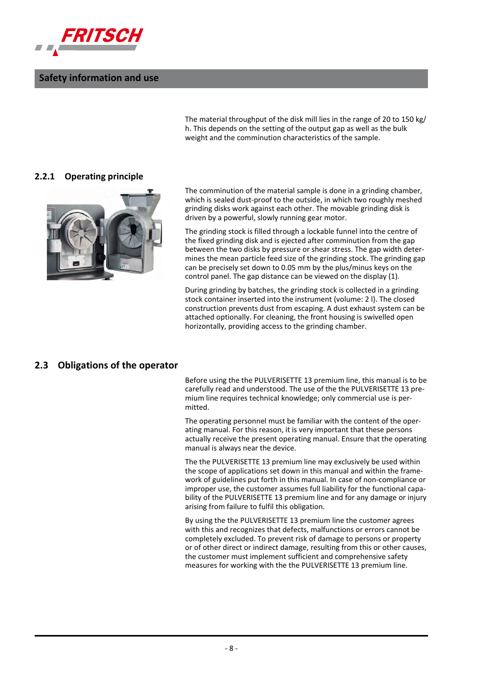 1 operating principle, 3 obligations of the operator, Safety information and use | FRITSCH PULVERISETTE 13 premium line User Manual | Page 8 / 60